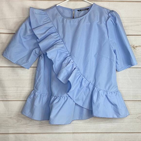 Shein Blue Ruffle Short Sleeve Blouse Size Medium - Picture 1 of 9
